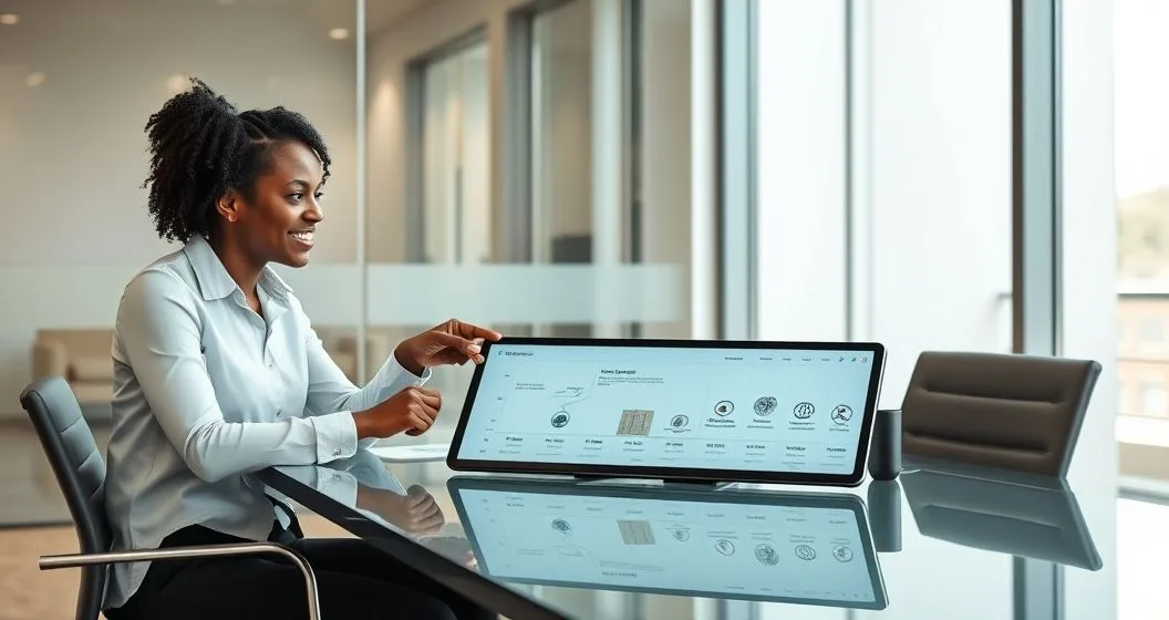 Financial advisor and donor reviewing a tablet showing an abstract timeline of a lump donation moving into investments and scheduled grants in a modern office