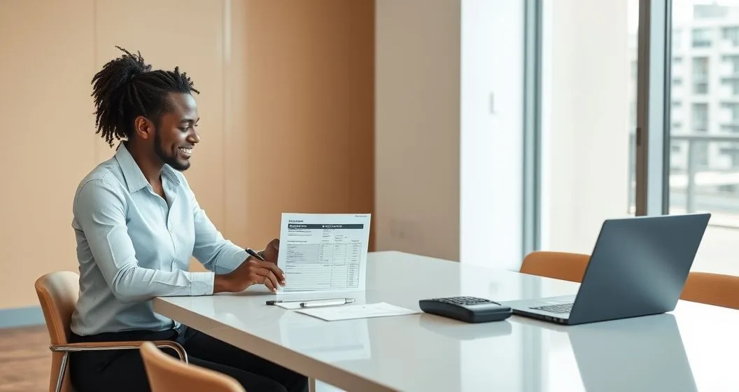 Tax professional and client reviewing a simplified monthly payment schedule on a tablet at a minimalist conference table in a modern office.