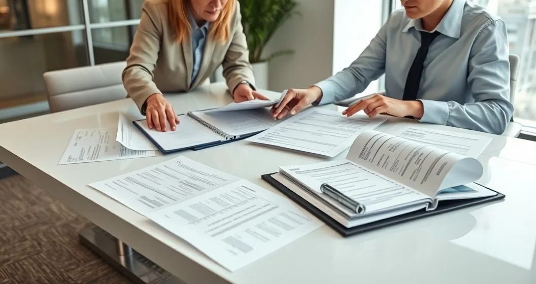 Borrower and loan officer organizing loan modification documents on a clean conference table in a modern office