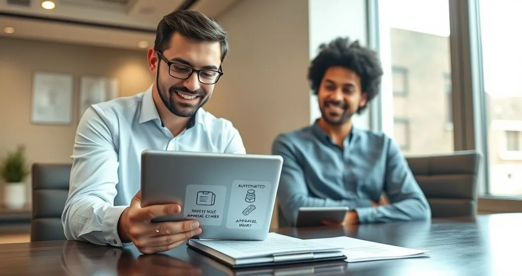 Mortgage officer and homeowner reviewing a tablet with approval icons while a slim folder on the table shows reduced paperwork