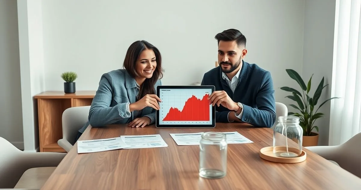 Financial advisor shows a tablet with a steep red drawdown chart to a concerned diverse couple at a minimalist table with printed cash flow scenarios and an emergency fund jar