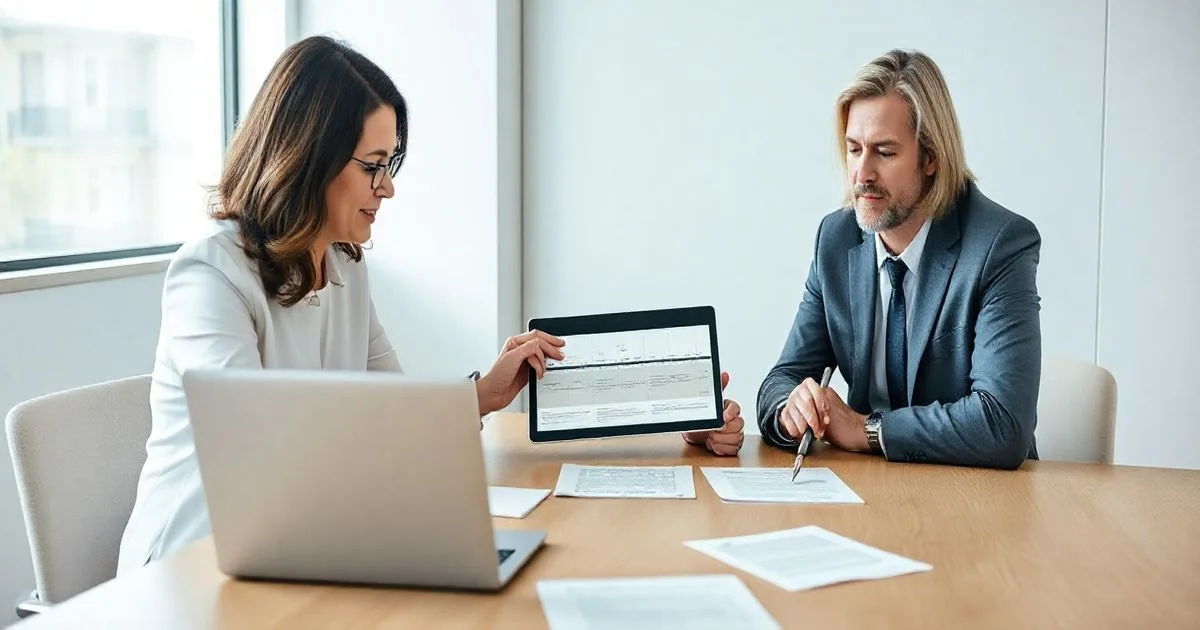 Two professionals reviewing a funding timeline on a tablet and signing a gift agreement in a modern conference room