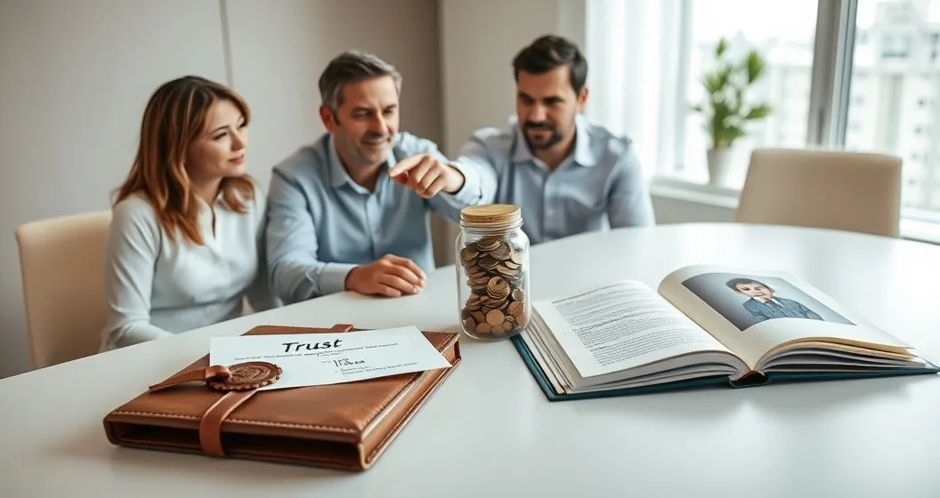 Financial advisor and parents reviewing three objects representing trusts 529 and custodial accounts on a conference table in a modern office