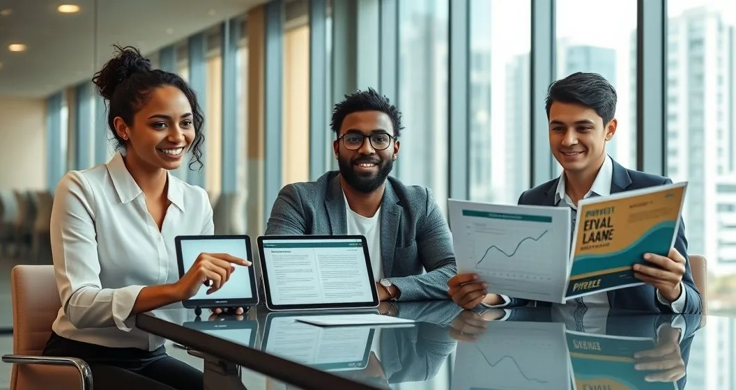 Borrower meets two advisors comparing federal consolidation and private refinancing using tablets and loan documents in a modern office