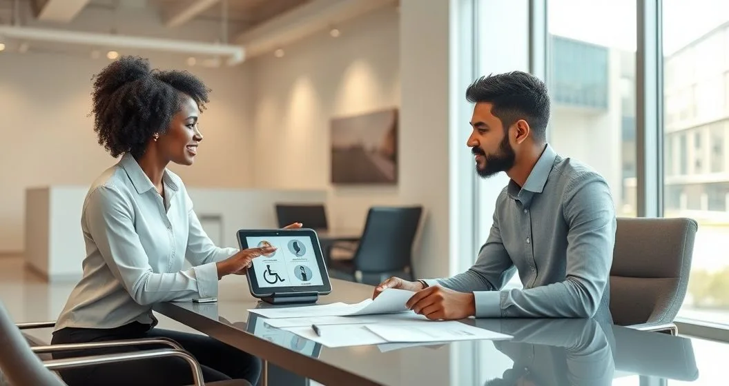 Financial counselor showing discharge options on a tablet to a diverse borrower in a modern financial aid office