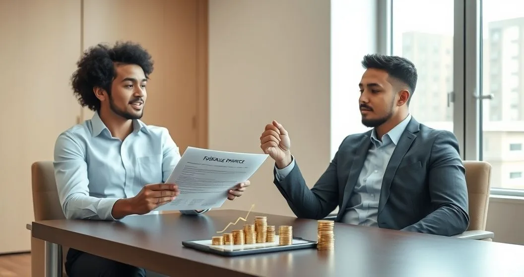 Borrower relieved as loan servicer hands a forbearance approval at a clean conference table, tablet showing an abstract rising line next to stacked coins representing interest accrual