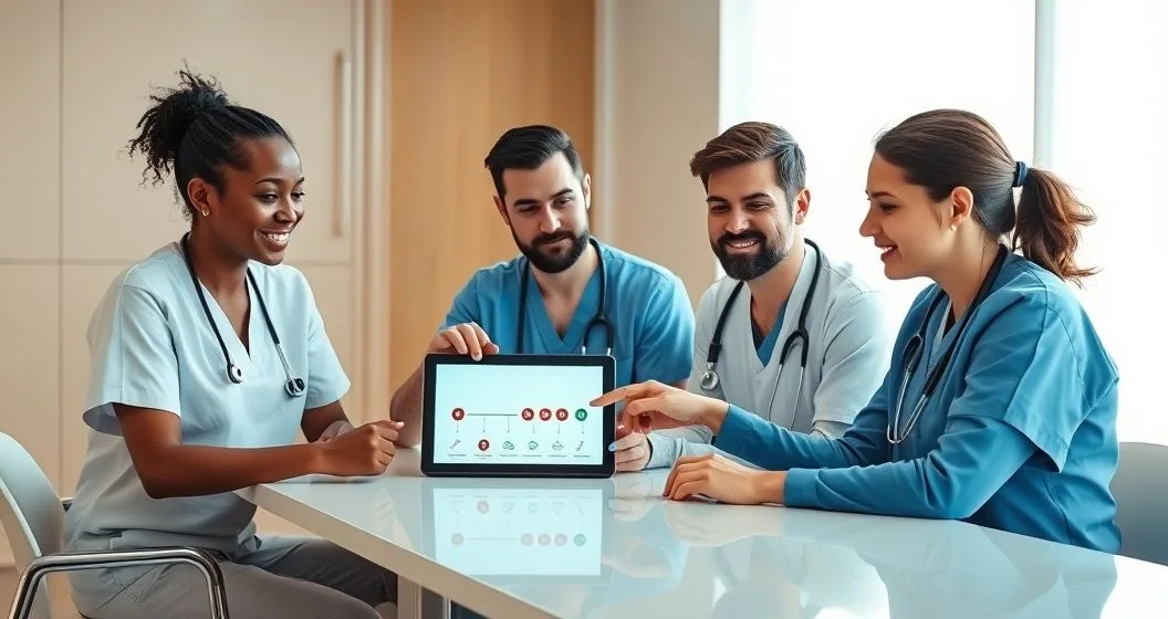 Three diverse medical professionals and a financial counselor reviewing a tablet with a timeline and checkmark in a hospital HR office