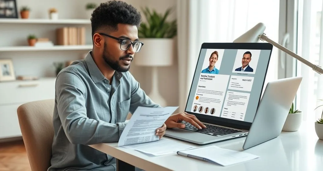 Borrower at a tidy home office desk uploading income documents and speaking with a loan servicer on a laptop