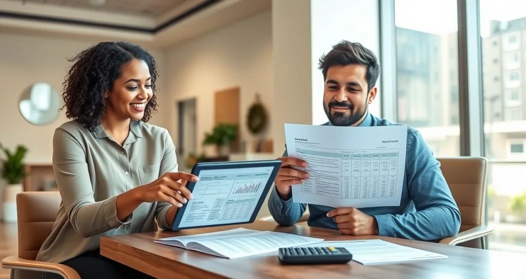 A loan counselor points at a tablet showing plan charts while a borrower reviews documents at a conference table in a bright modern office.