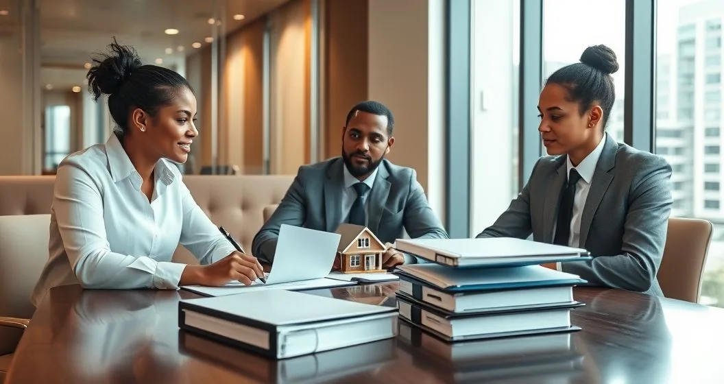 Three diverse professionals at a conference table in a modern office reviewing and signing a legal document beside a small house model and two stacked binders illustrating lien priority