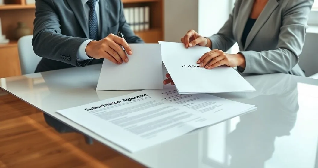 Two professionals at a conference table signing a subordination agreement while arranging folders labeled First Lien and Junior Lien to show lien priority