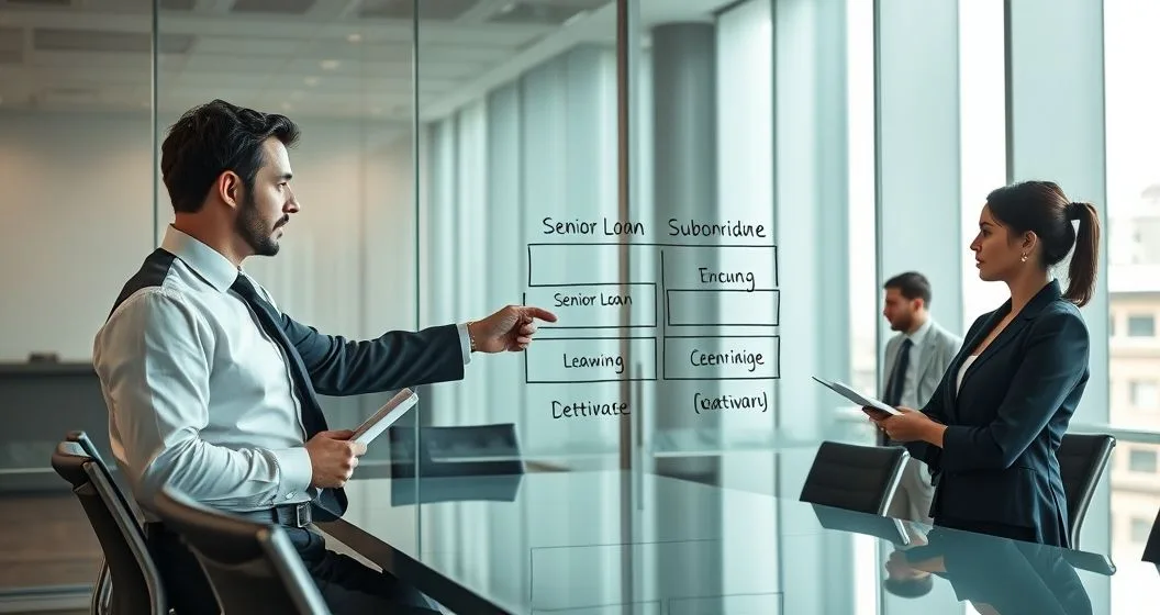 Lawyer explains senior and subordinate loan priority on whiteboard to diverse finance team in conference room