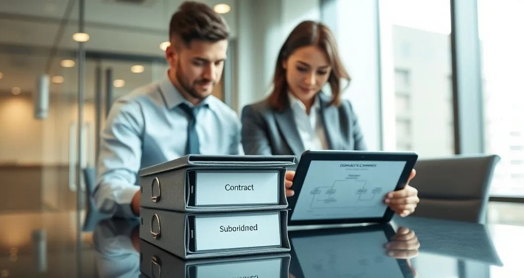 Two contract folders labeled Senior and Subordinated stacked on a conference table while two financial professionals adjust the stack and view a tablet showing a priority flowchart