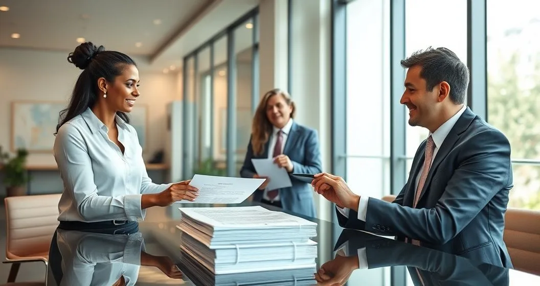 Two lenders and a homeowner at a conference table as one lender hands over a subordination agreement and a new mortgage document is placed on top of property deeds