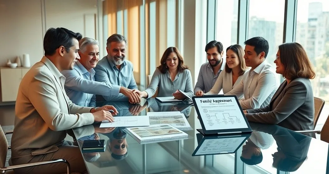 Multi generation family and attorney around a conference table reviewing succession documents and an ownership flow diagram