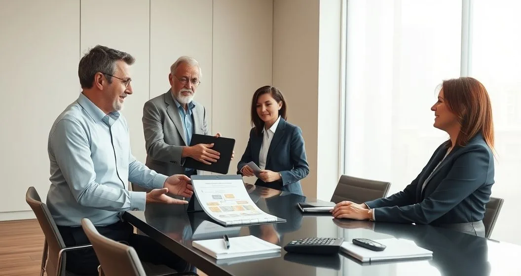 Diverse small group in a modern conference room where an older business owner hands a leather portfolio to a younger successor while advisors consult a tablet and arrange legal folders