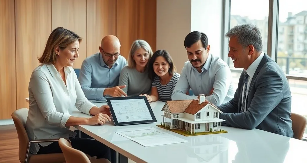 Multigenerational family and attorney around a table with a house model and tablet discussing estate planning