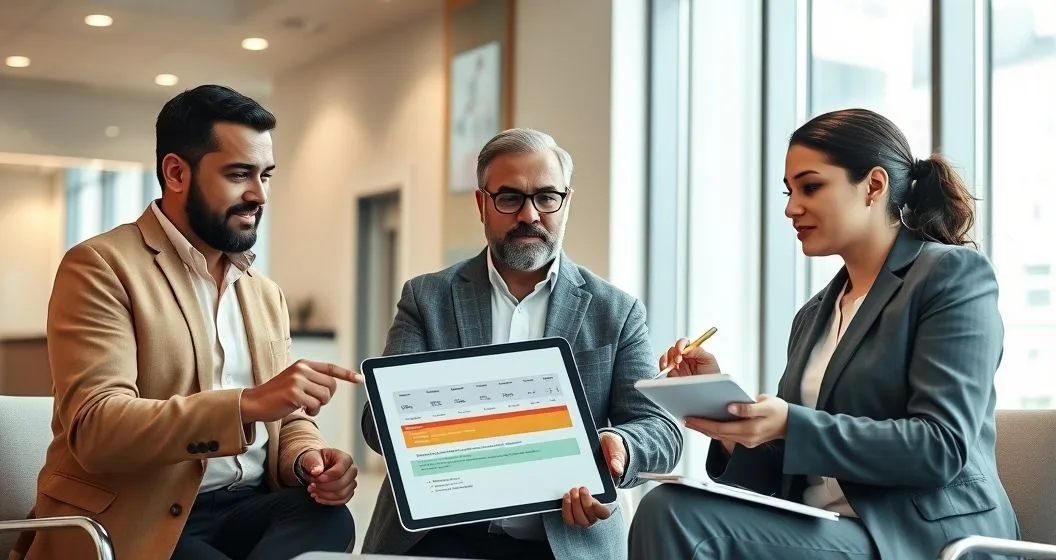 Three diverse borrowers and a loan officer around a conference table reviewing a timeline and a tablet showing a phased out loan program, one person pointing while others take notes.