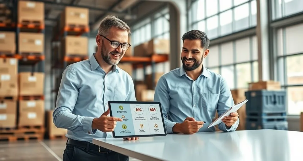 Small business owner and supplier in a warehouse office reviewing a tablet with icons representing invoice financing inventory financing and purchase order financing with pallets in the background.