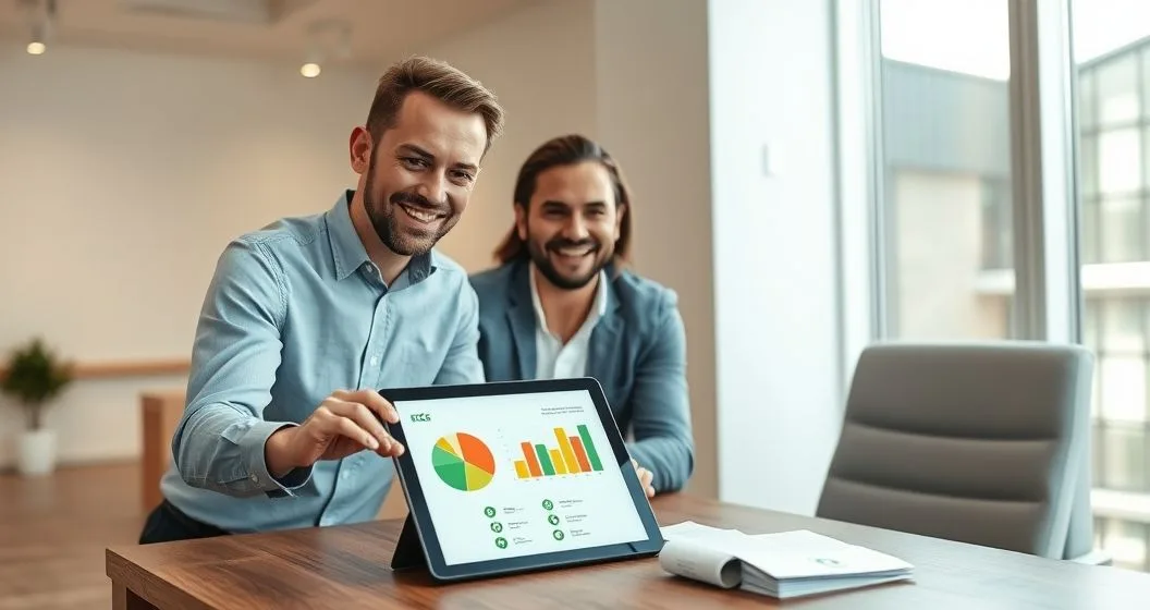 Financial advisor and diverse clients reviewing a tablet showing sustainable investment allocations and eco friendly receipts on a clean table in a modern office.