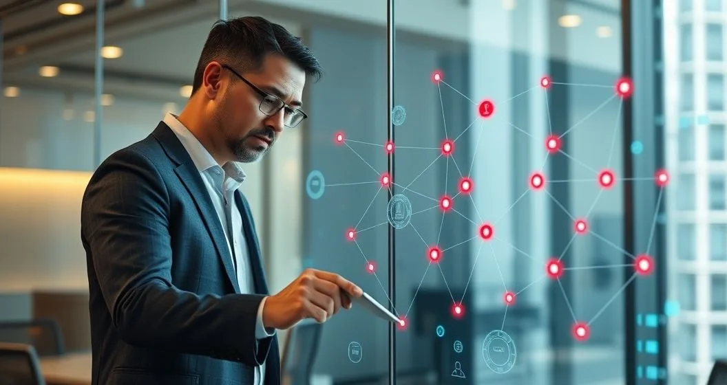 Advisor and investor viewing a touchscreen network graph of interconnected assets with red nodes showing contagion