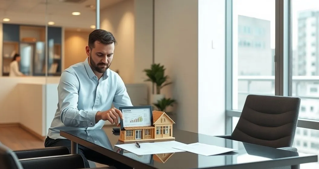 Two diverse professionals at a table review insurance options with a tablet infographic a wooden storefront model and policy documents