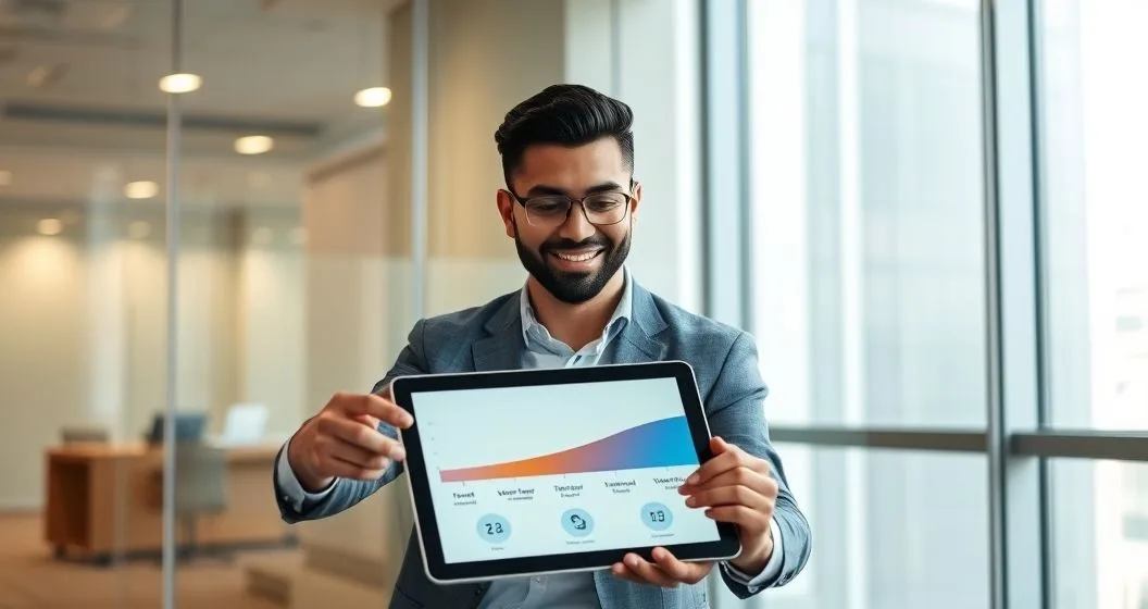 HR advisor and employee review a tablet showing a glide path that shifts from equities to bonds across a timeline in a modern conference room.