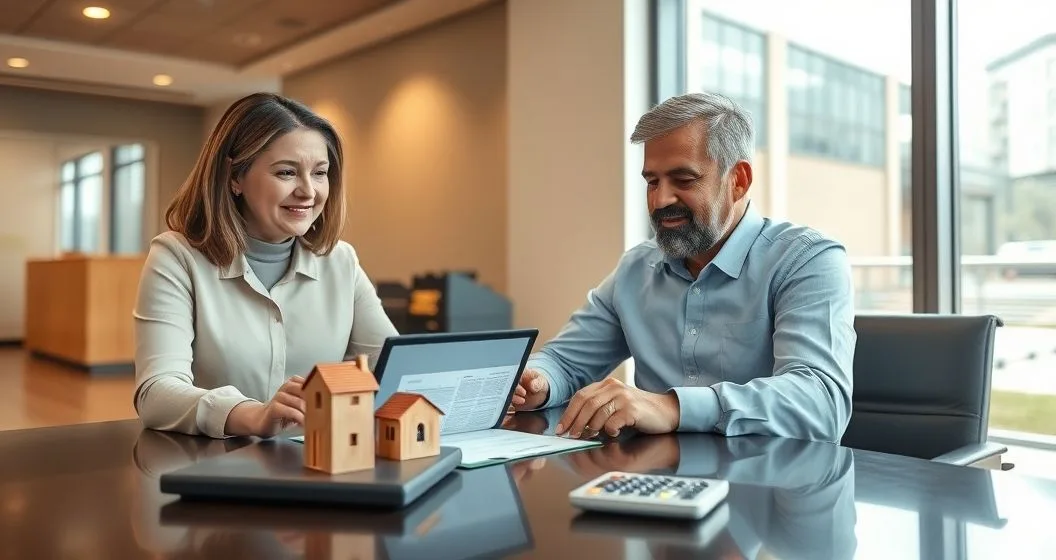 Mortgage counselor and homeowner review a loan modification on a tablet beside a small house model and calculator in a modern office