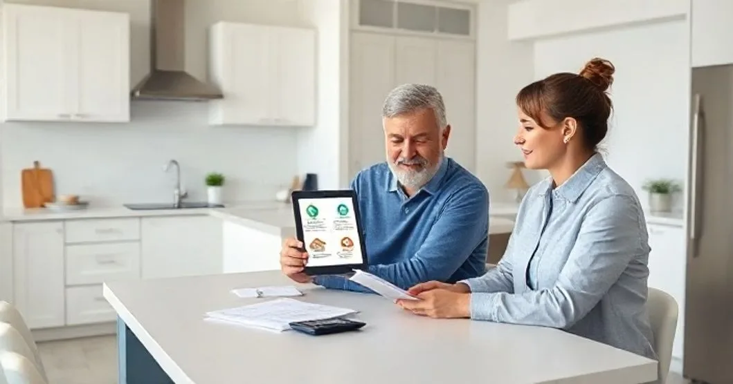 A homeowner and financial advisor at a modern kitchen island reviewing a tablet showing icons for tax advantaged savings and simple home repair illustrations with a folder and calculator nearby