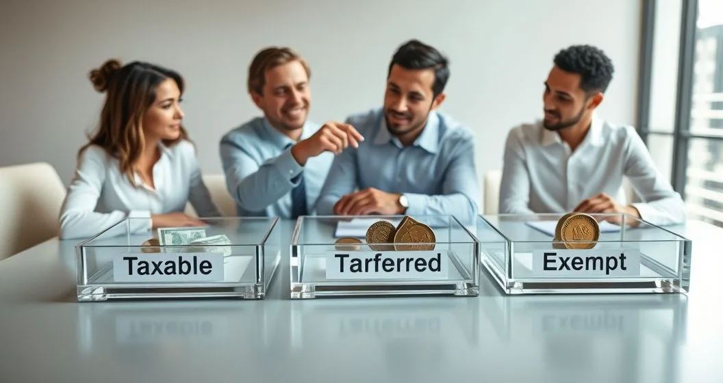 Advisor placing asset tokens into three labeled trays Taxable Tax Deferred Tax Exempt while explaining to two clients at a modern conference table