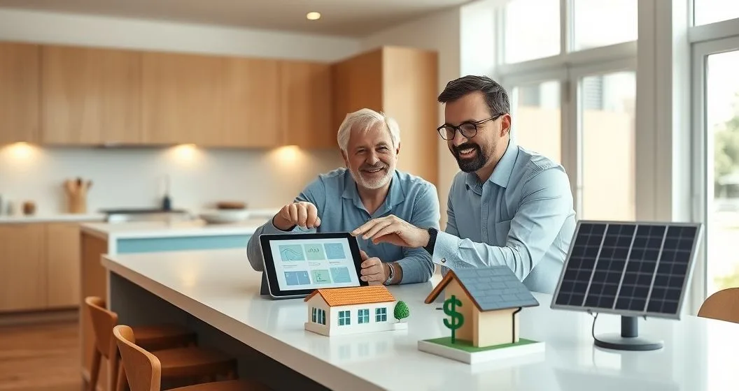Homeowner and tax advisor at a modern kitchen island reviewing a tablet with icons of solar panels heat pump and a dollar shield next to models of an energy efficient window and rooftop solar