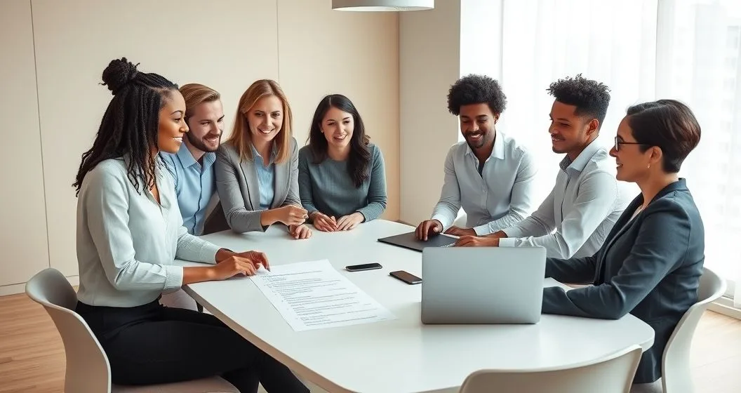 Diverse nonprofit leaders at a modern conference table reviewing a printed tax compliance checklist while one person points and another types on a laptop.