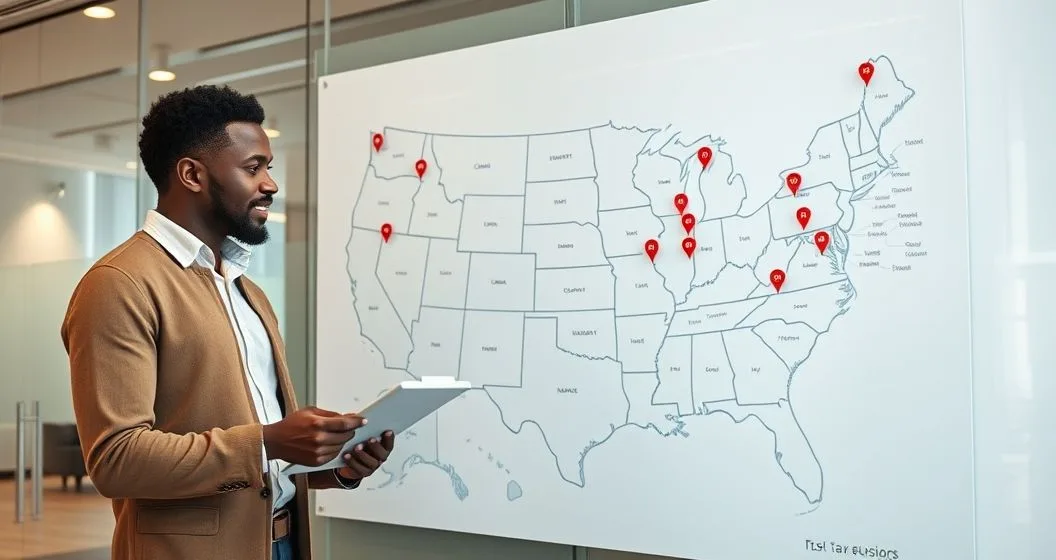 Tax advisor pointing at a US map with highlighted states while explaining loan forgiveness tax implications to a borrower in a modern conference room