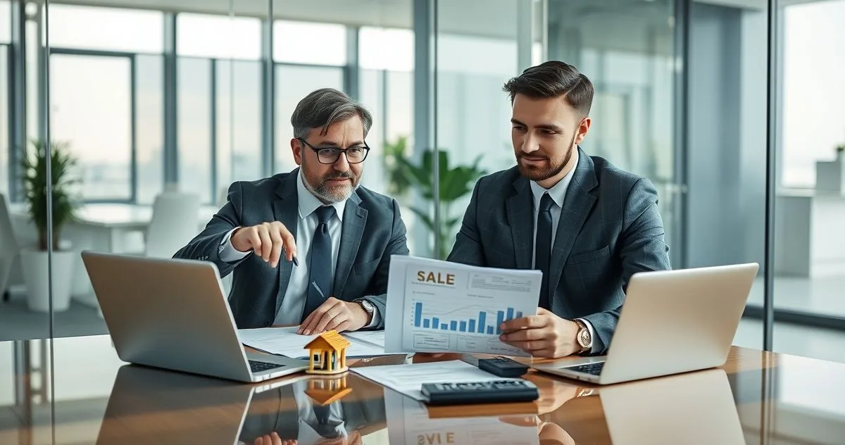 Small business owner and financial advisor at a conference table reviewing sale documents with a laptop showing allocation charts a calculator and a miniature storefront model.
