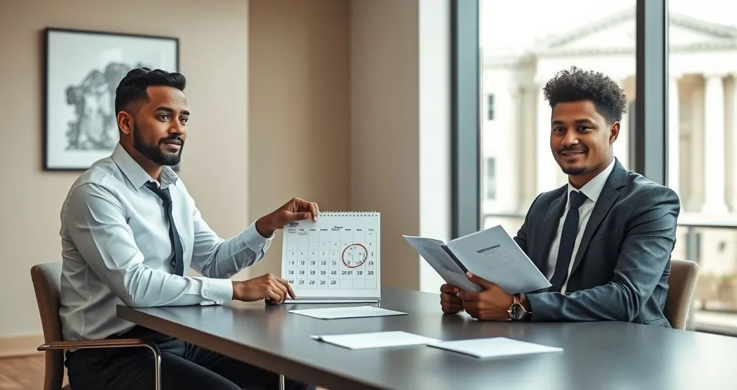 Tax attorney and client at a conference table with calendar circled date an IRS notice folder and a stamped petition envelope ready courthouse visible through window