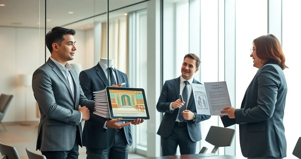 Taxpayer with two advisors in a conference room one presenting legal briefs and a courtroom visual the other offering a settlement document symbolizing the choice between Tax Court and Administrative Appeal