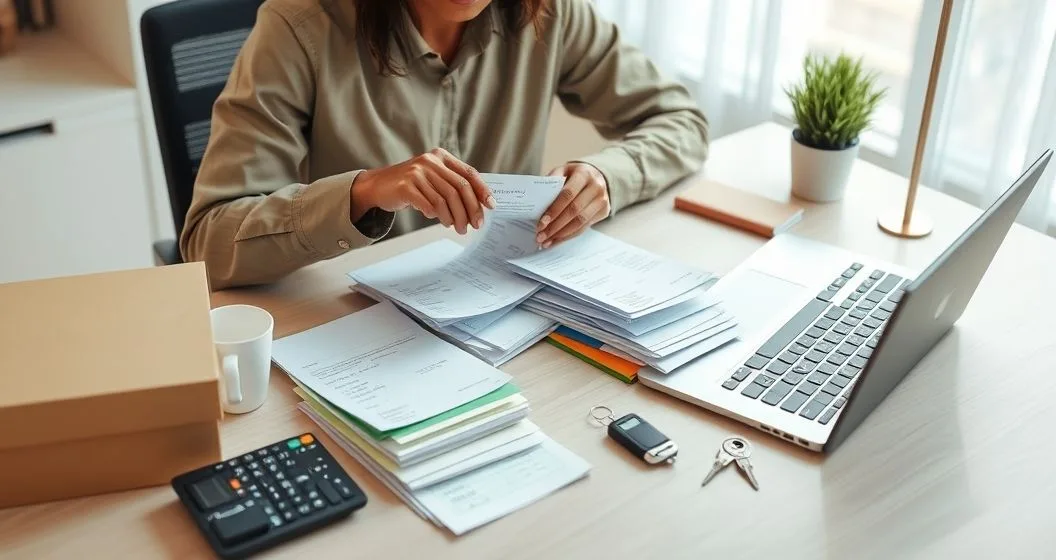 Freelancer sorting receipts at a clean home office desk with laptop calculator and items representing supplies meals and vehicle costs