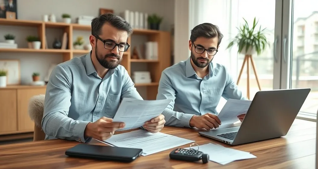 Self employed person and tax advisor at a home office desk reviewing receipts laptop and calculator illustrating deductible expenses for side income
