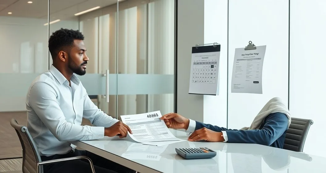 Tax advisor and client at a minimalist conference table reviewing a calendar and Form 4868 with a calculator nearby