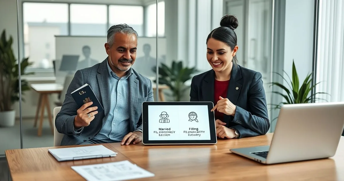 Tax advisor explains joint versus separate filing to a diverse couple with a US passport and a foreign passport at a minimalist conference table