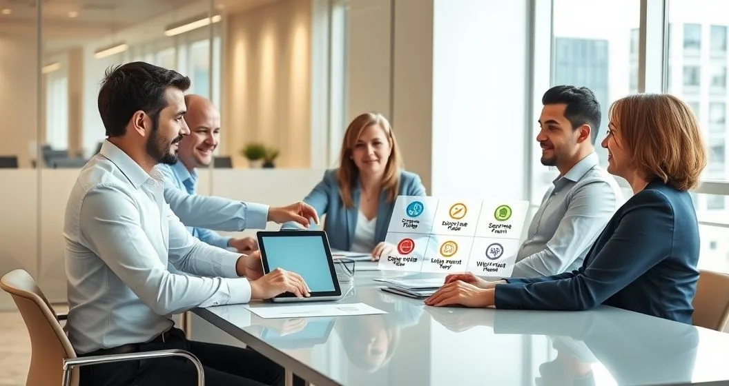 Tax advisor showing a five segment infographic to diverse clients representing filing status choices