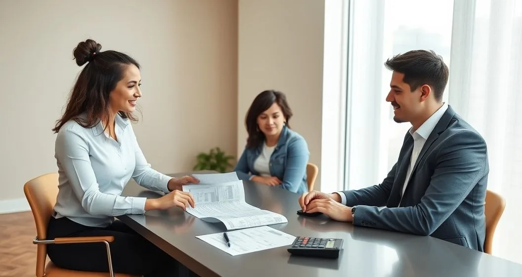 Tax advisor with a cohabitating couple reviewing two separate tax documents at a conference table to show individual federal filing