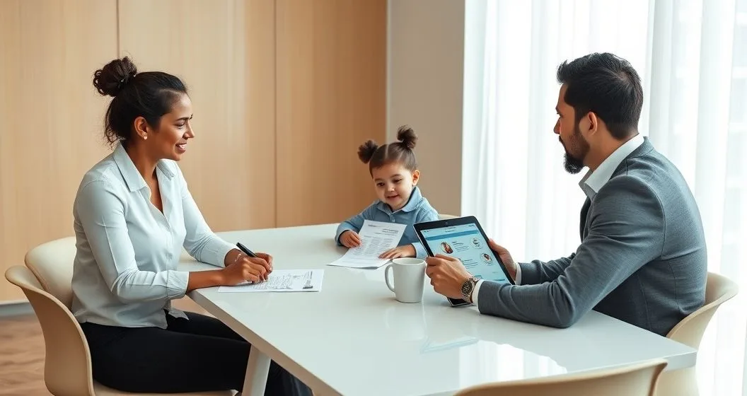 Tax advisor explaining dependent related tax credits to a diverse couple with their young child in a modern office