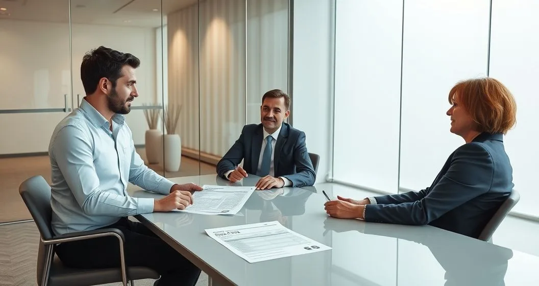 Tax advisor explains Form 1099 C and Form 982 to two clients at a clean conference table in a modern office illustrating canceled debt tax treatment.