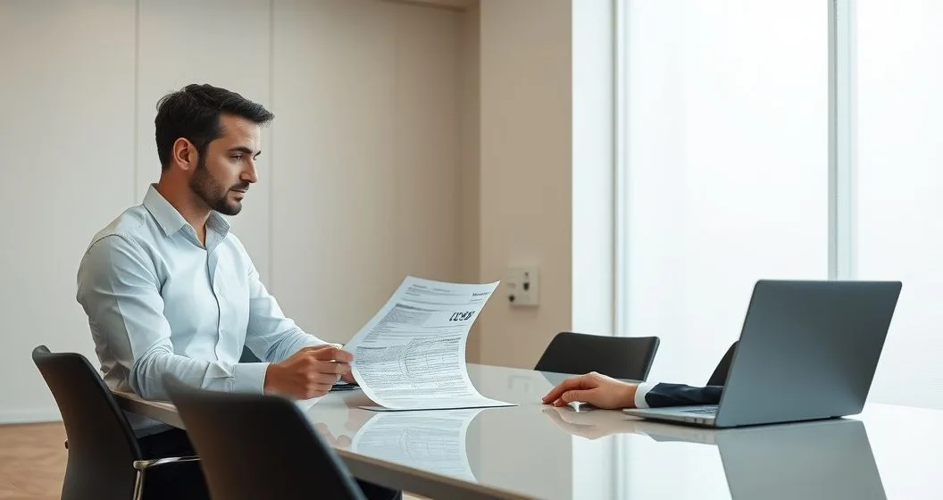 Borrower and tax advisor at a modern conference table reviewing a printed Form 1099 C and a tax return on a laptop.
