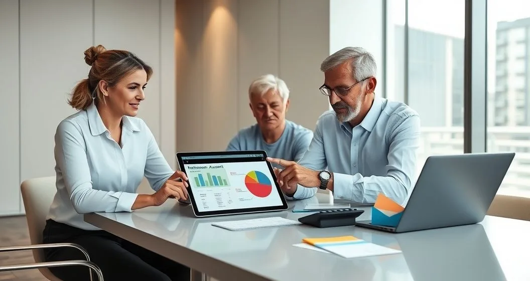 Financial advisor meets with a retired couple reviewing retirement account statements and a tablet with a pie chart showing taxable and tax free portions, with a calculator on the table.