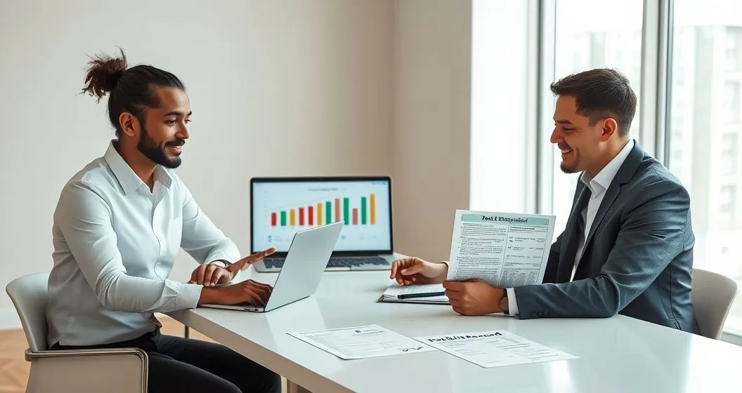 Tax advisor explains how a tax lien affects a client's credit using a laptop credit score chart and a printed public record marked for removal