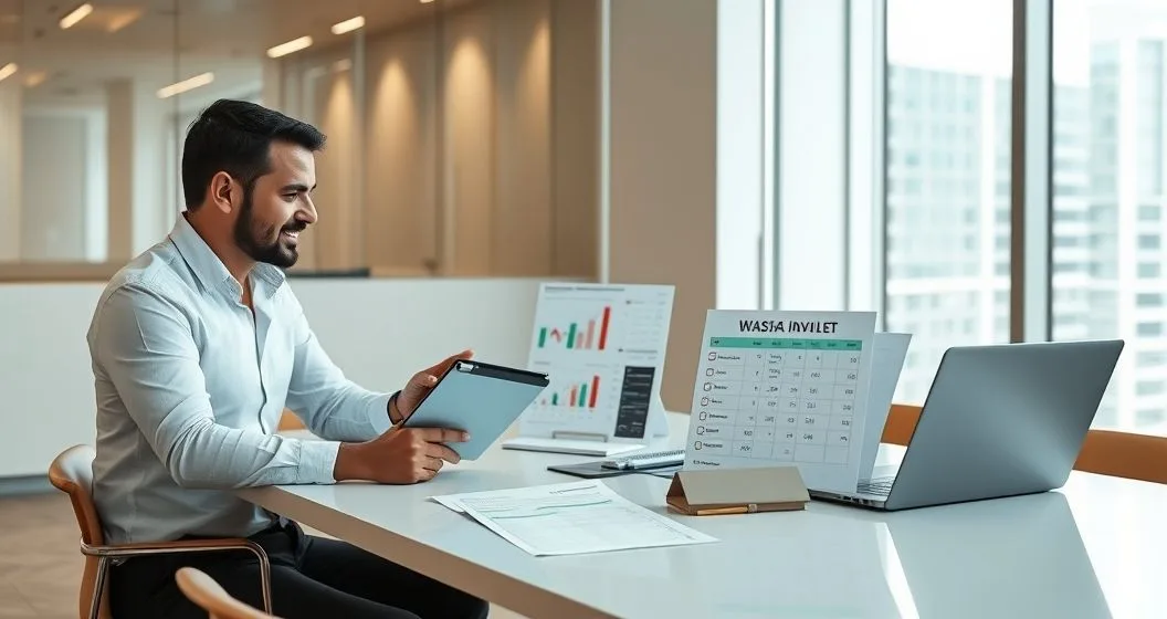 Financial advisor and investor reviewing a portfolio with red loss and green gain markers beside a calendar and trade checklist to plan tax loss harvesting
