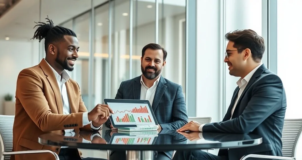 Financial advisor pointing at tablet showing portfolio charts with red losses offsetting green gains while two clients listen in a modern conference room