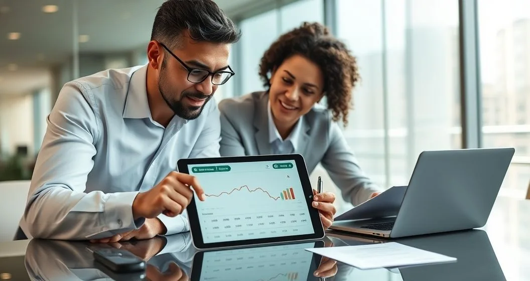 Financial advisor and client reviewing a tablet showing a sold holding marked as a loss and an arrow to a similar ETF indicating reinvestment